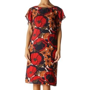 LOFT Navy Blue Orange Red Floral Print Flutter Sleeve Midi Dress XL